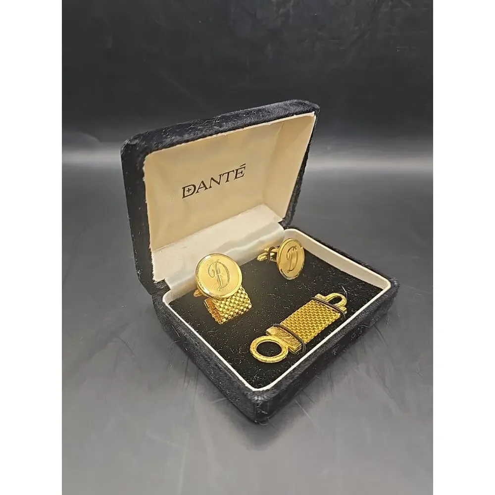 Mens Dante Gold Tone Cufflink Tie Tack Set 